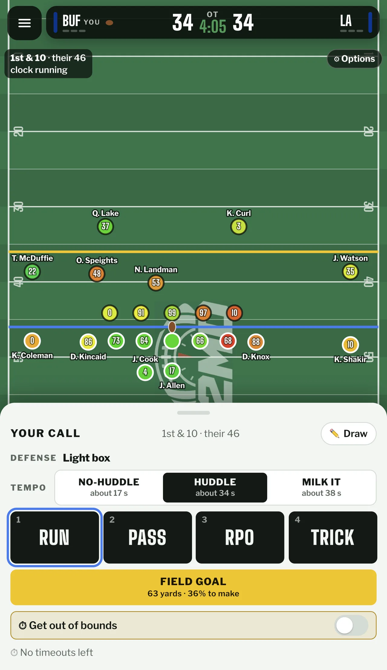 Pre-snap from their 46: four defender tags across the top, five defenders crowding the line, and the 1st & 10 strip