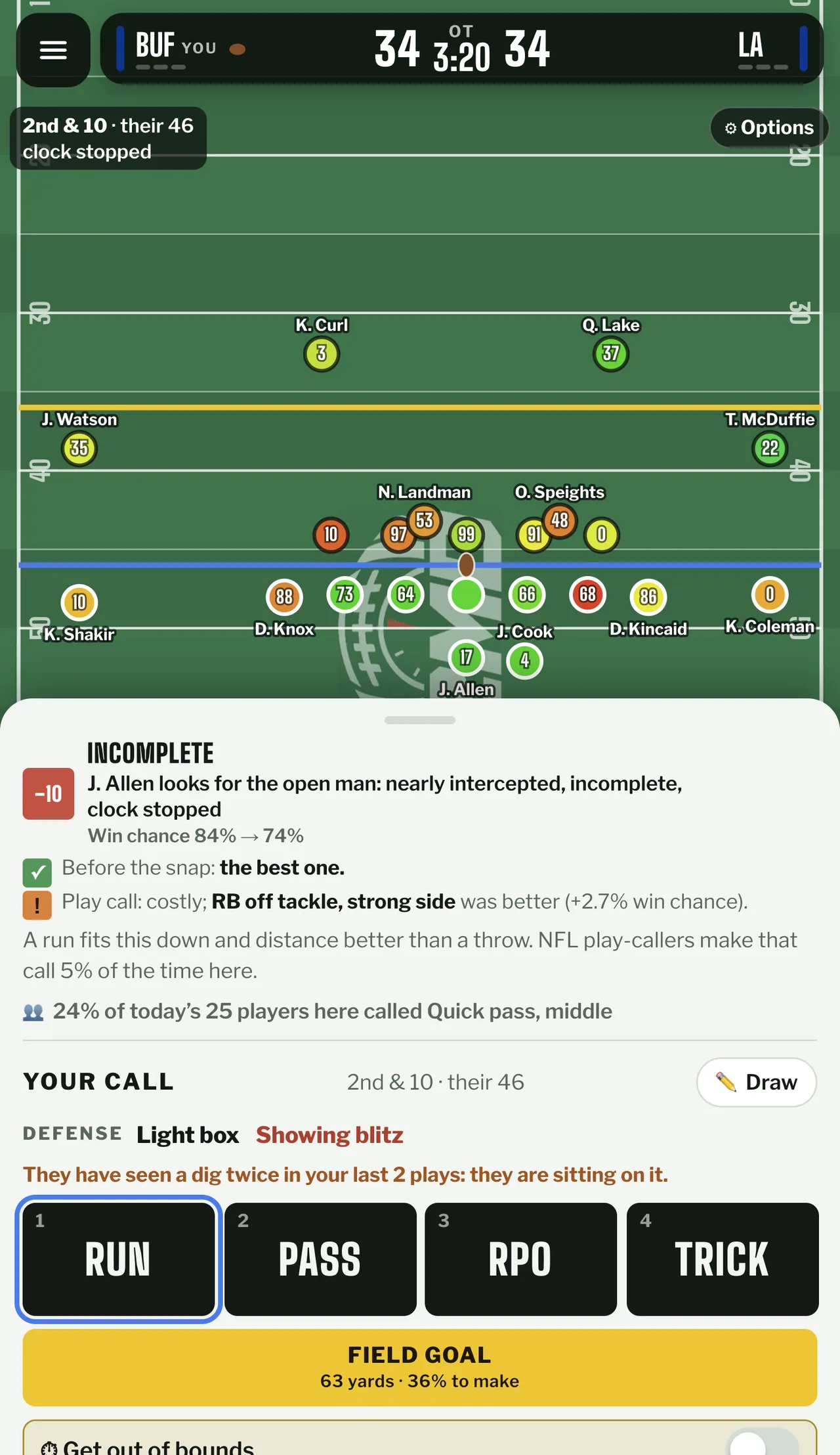 Top of the result card reads INCOMPLETE, nearly intercepted, with win chance dropping from 84% to 74% below it