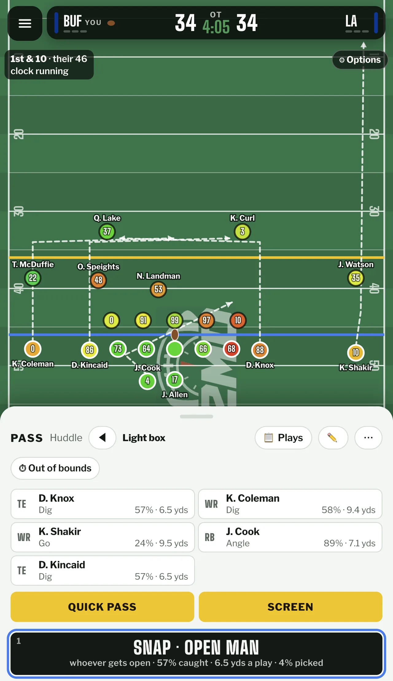 Dashed route lines branch off the formation and end in arrowheads, with PASS and Huddle set in the bar below