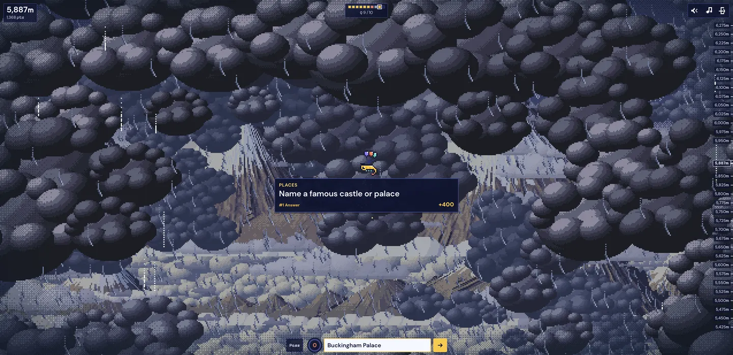 Storm frame at 5,887 metres: a places card asks for a castle or palace, Buckingham Palace typed in the box below