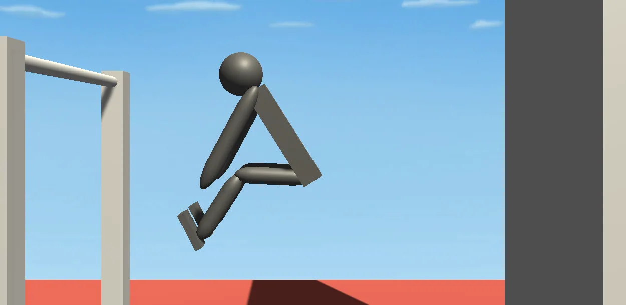 Figure airborne with knees pulled to the chest and arms spread, a bar behind the left post and empty sky between the posts