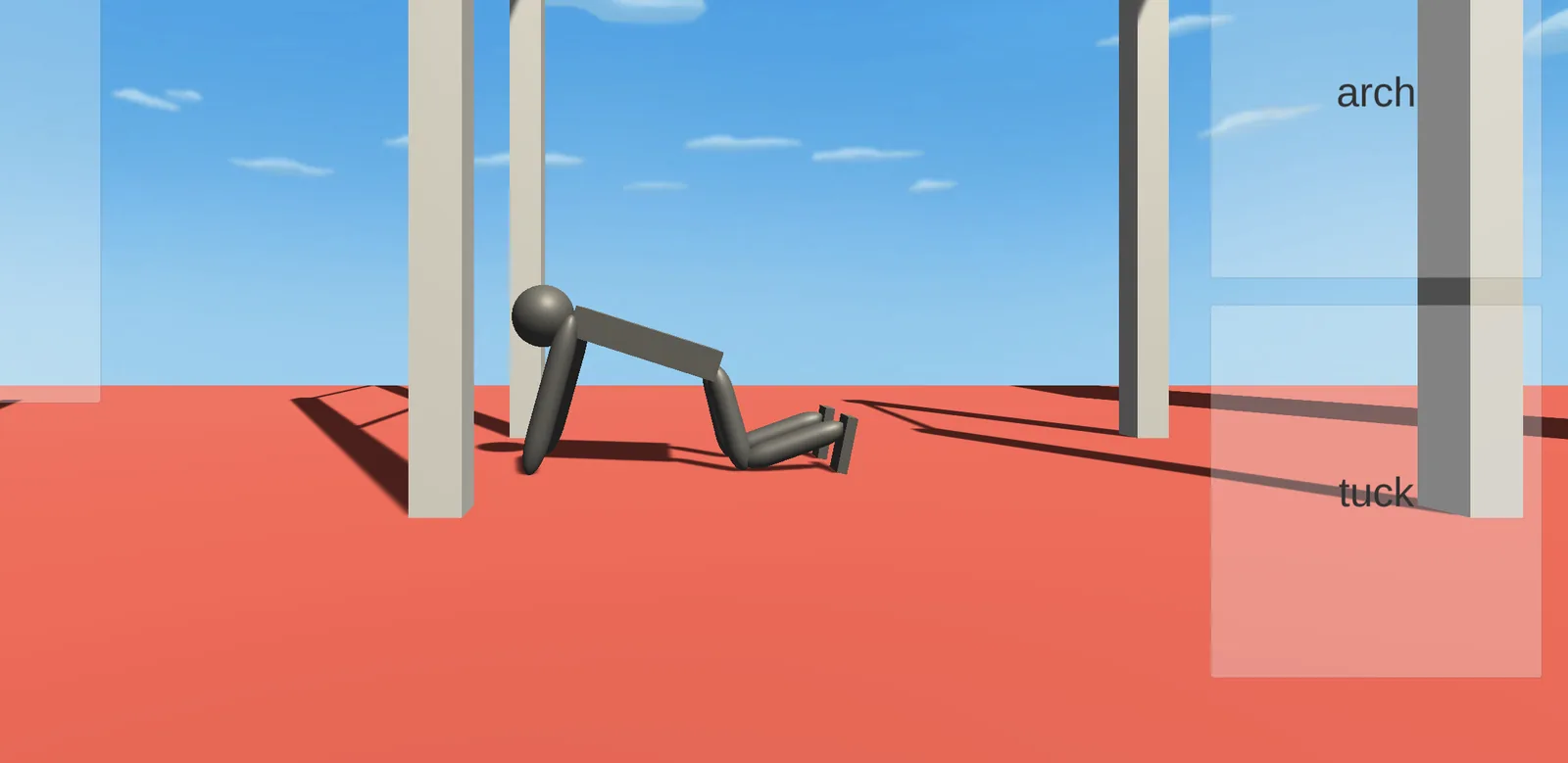 Figure down on hands and knees on the red floor, long shadows from the uprights, the arch button at the right edge