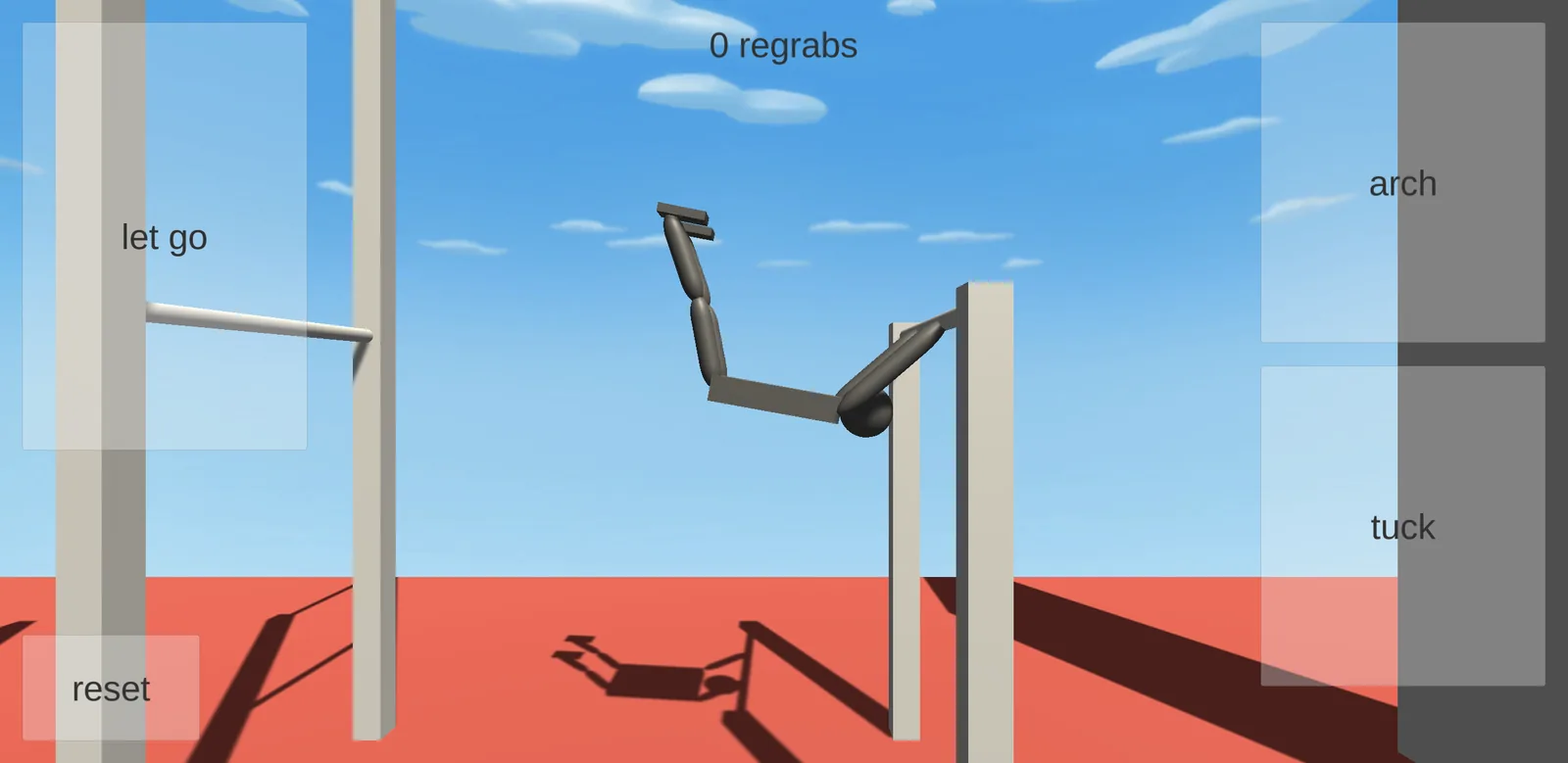 Wide view: the figure hangs from the bar between two uprights, legs tucked, 0 regrabs at the top